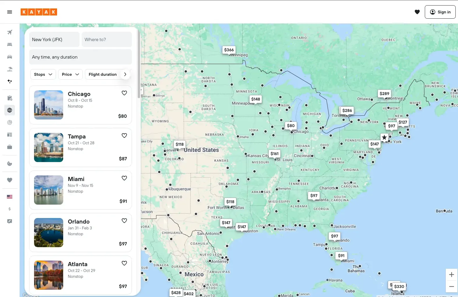 kayak flights anywhere